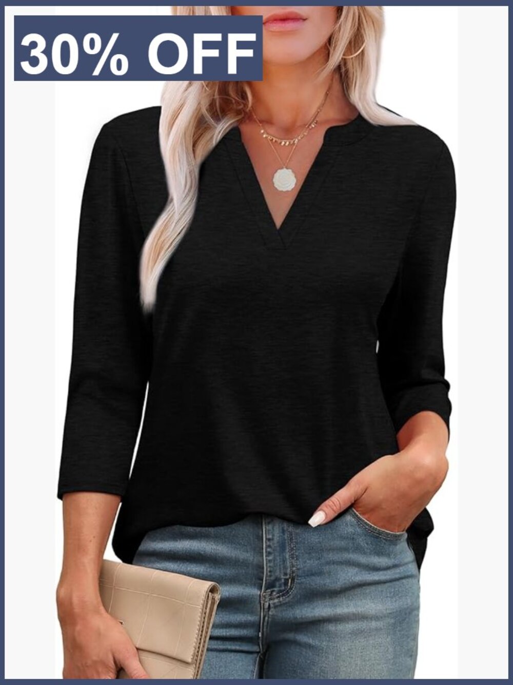3/4 Length Sleeve V Neck Tunic Tops Curved Hem Blouses Dressy Casual S-3XL